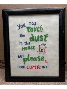 Vintage 1997 Cross-Stitched Wall Art Black Frame Humorous Dust Quote Handmade